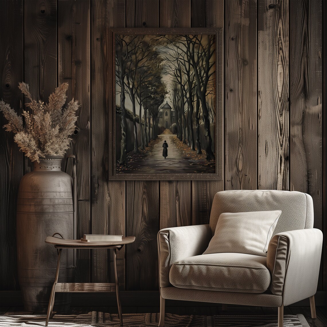 Dark Academia Tree Lined Avenue Lone Figure Moody Autumn Poster - Image 3