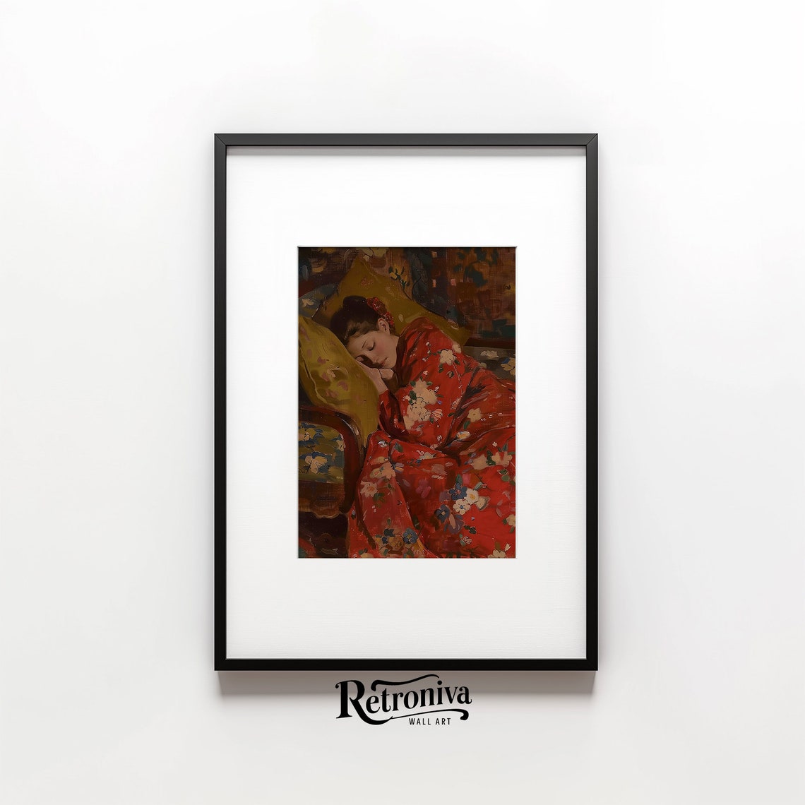 Tired Woman Sleeping In Red Kimono Vintage Portrait Oil Painting People Portrait Wall Art Print Retroniva Art Prt 003 - Image 3