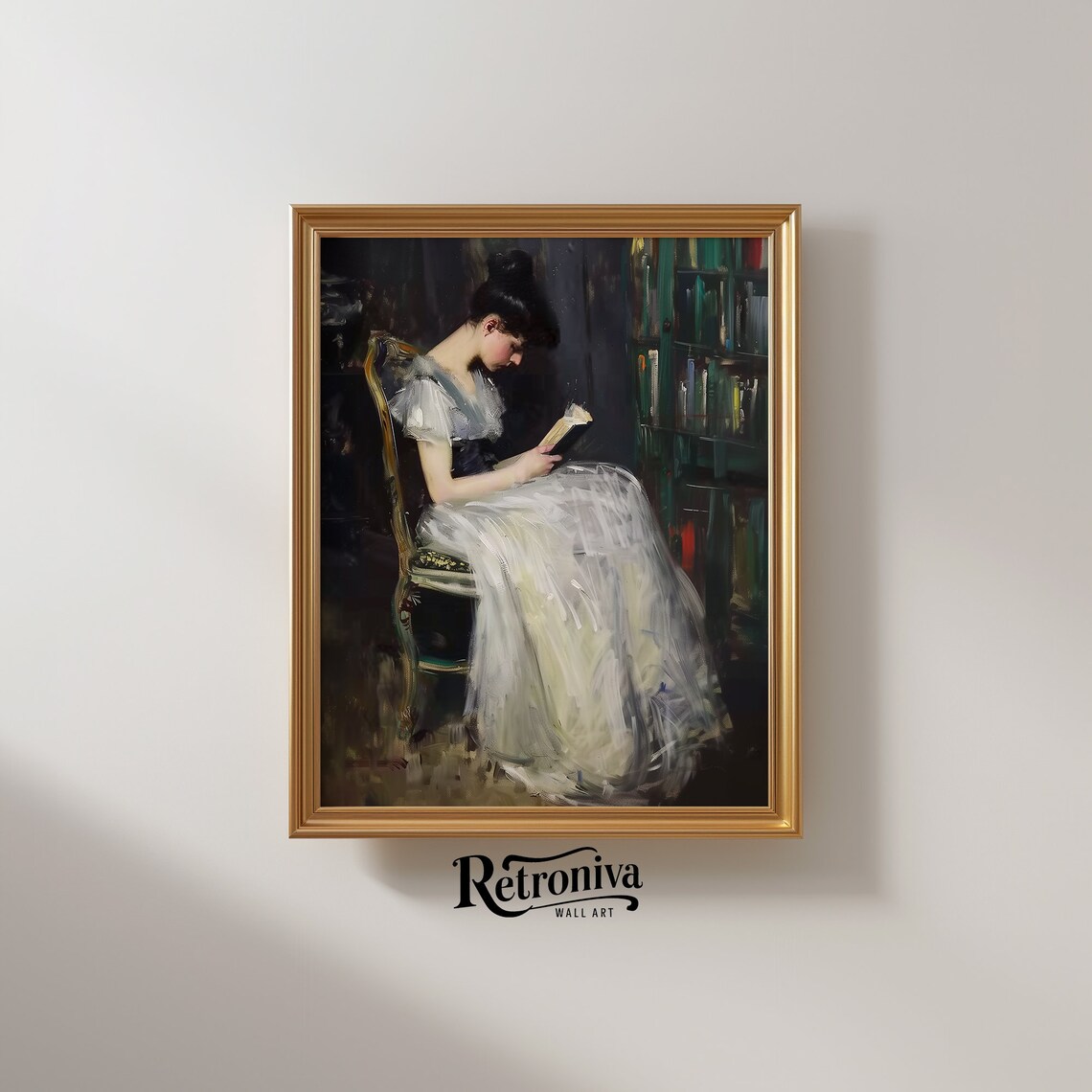 Woman Reading Book White Gown Dark Library Vintage Portrait Painting Poster