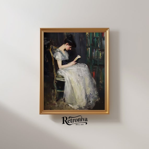 Vintage Woman Reading Portrait Oil Painting Moody Portrait Wall Art Print Dark Academia Decor Retroniva Art Prt 001