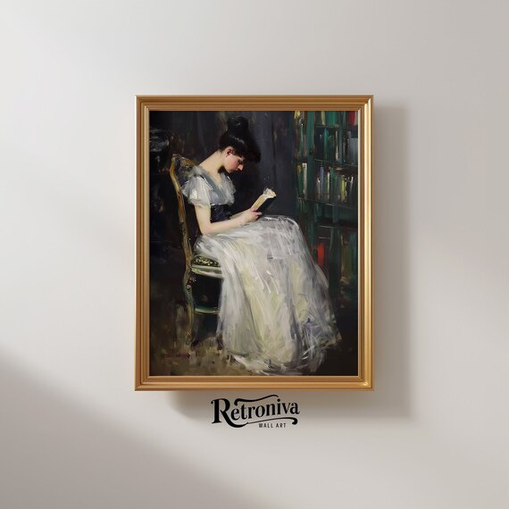 Woman Reading Book White Gown Dark Library Vintage Portrait Painting Poster