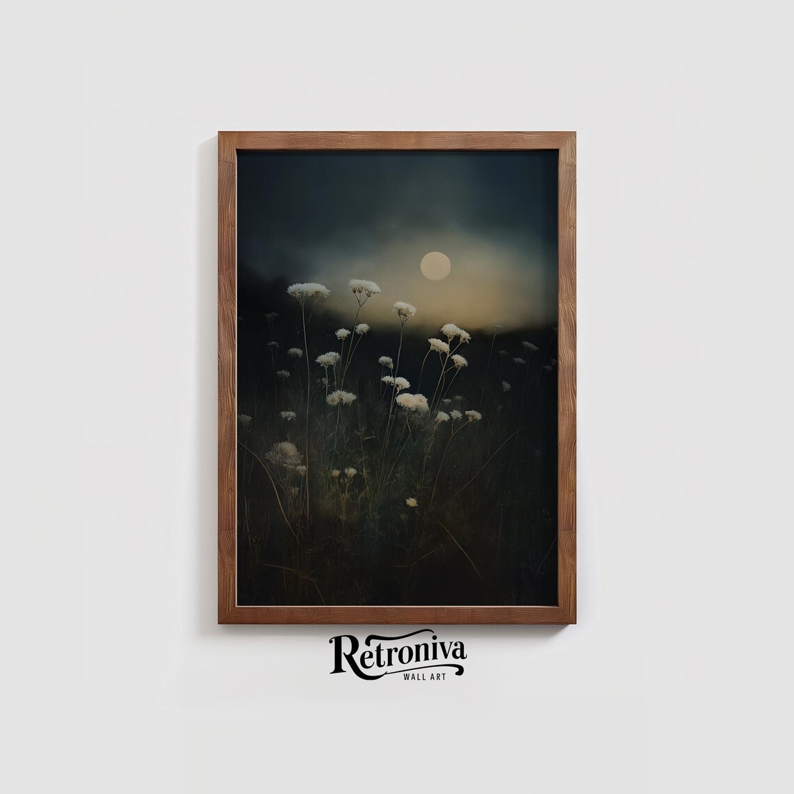 Dandelions Under Full Moon Dark Moody Night Meadow Vintage Painting Poster - Image 3