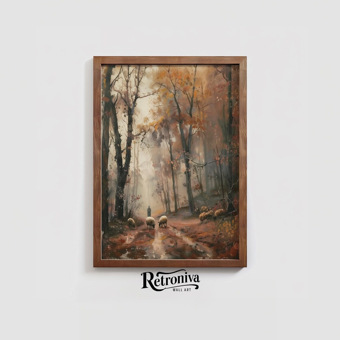 Sheep and Shepherd Vintage Autumn Forest Art Print - Image 4