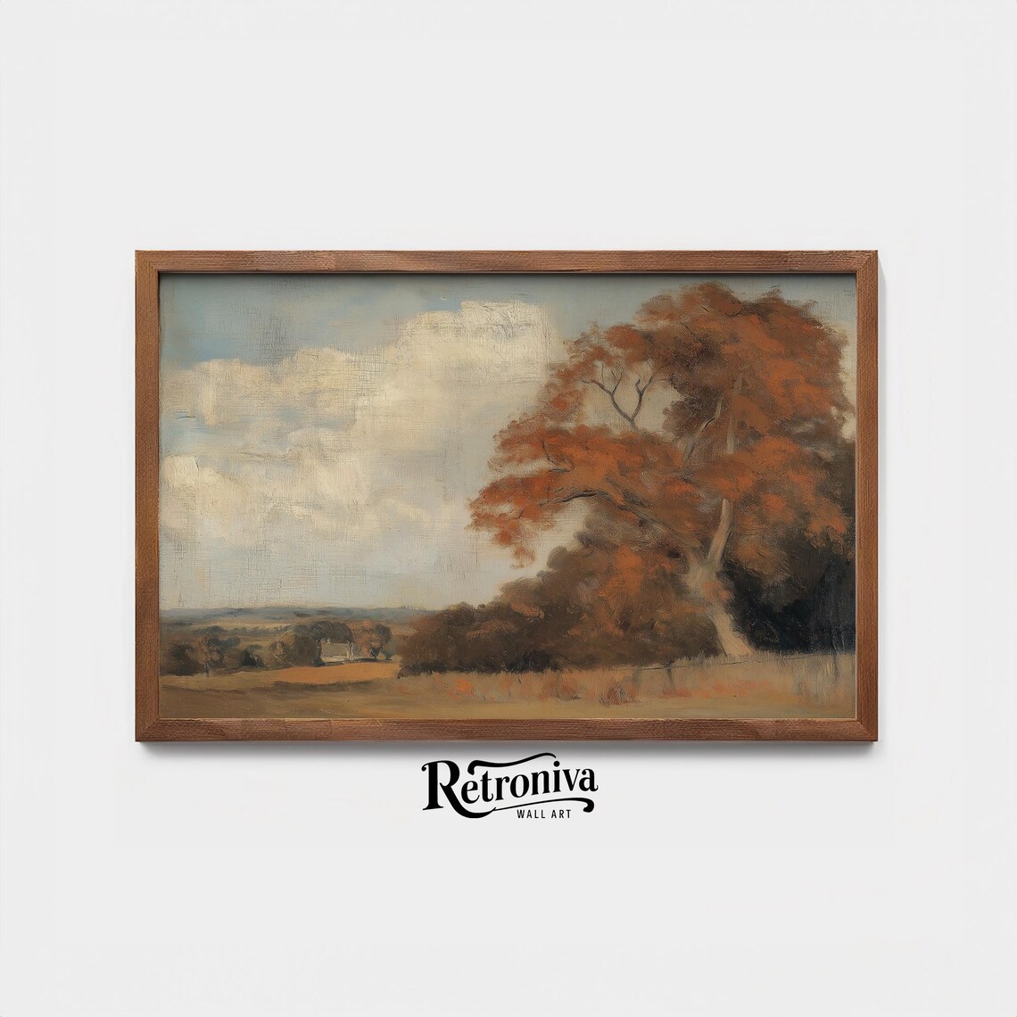 Muted Fall Tree Cloudy Sky Rustic Landscape Vintage Oil Painting Poster - Image 4