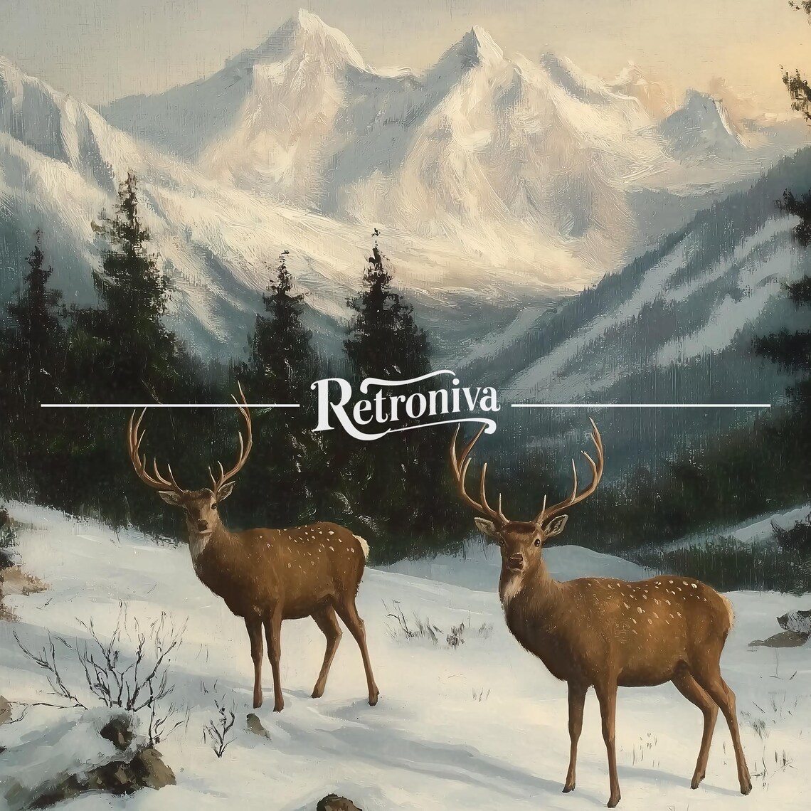 Deer In Snowy Mountain Landscape, Vintage Winter Poster - Image 7