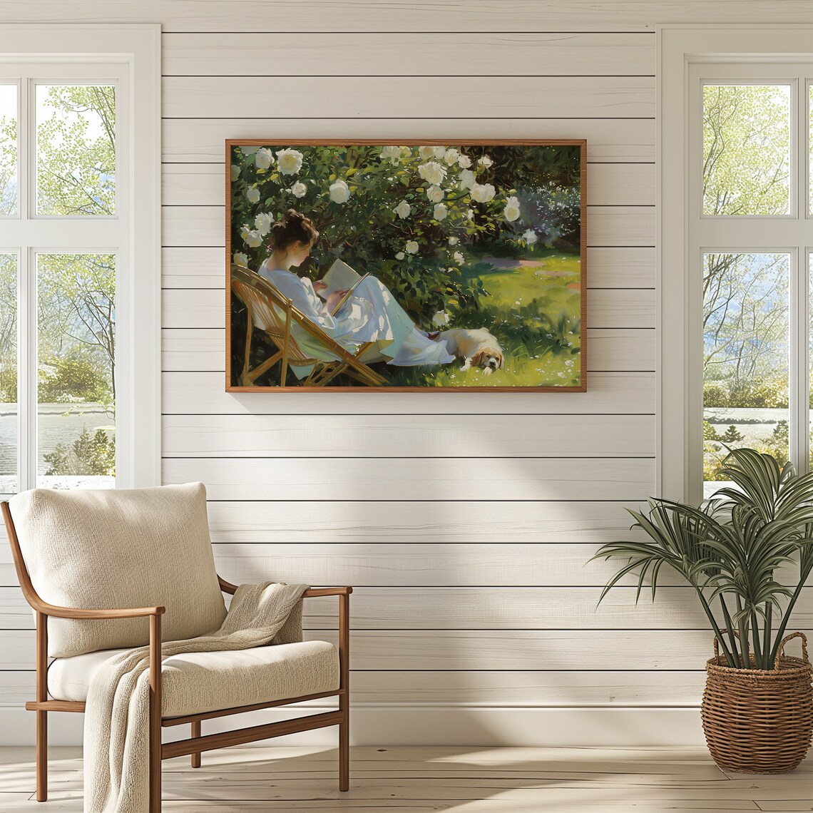 Woman Reading In Garden Vintage Oil Painting Print - Image 2