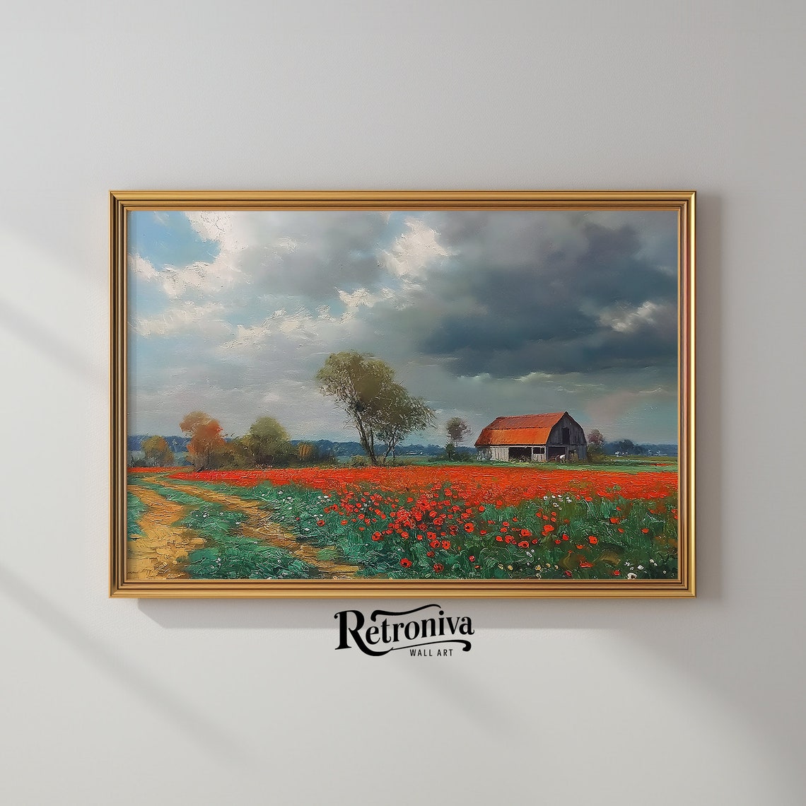 Vast Red Poppy Field With Barn Under A Dramatic Stormy Sky Poster - Image 2