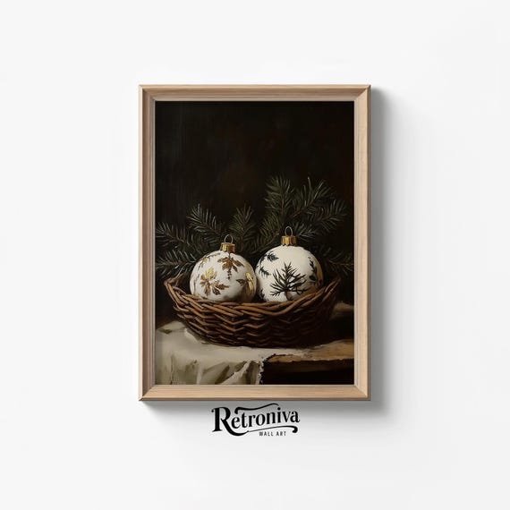 Moody Ornaments Still Life Wall Art Rustic Christmas Painting Dark Academia Holiday Wall Decor Retroniva Art Stl 013