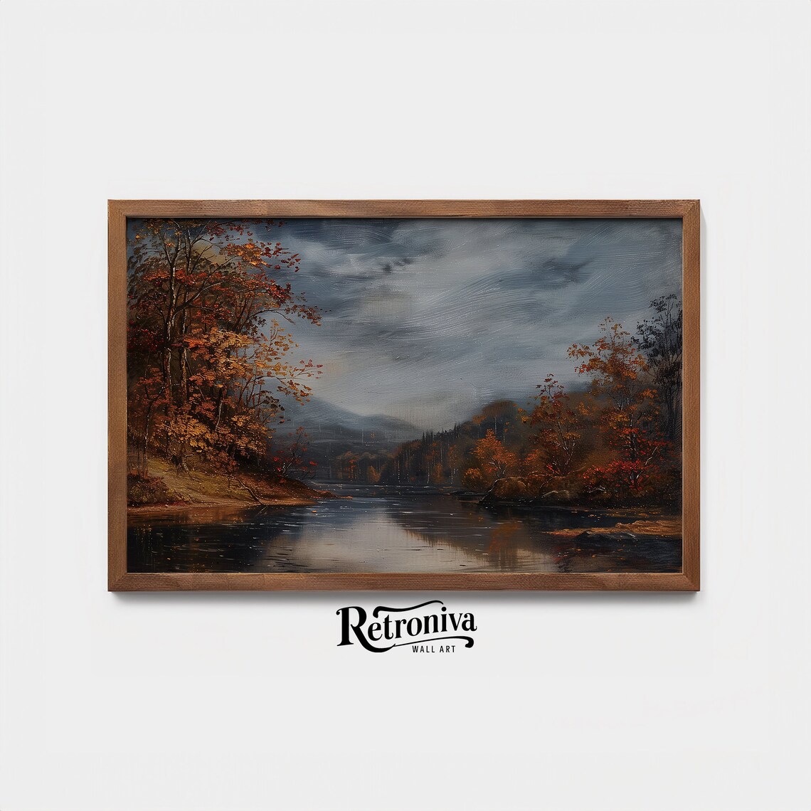 Moody Autumn Lake Stormy Sky Rustic Fall Landscape Vintage Painting Poster - Image 4