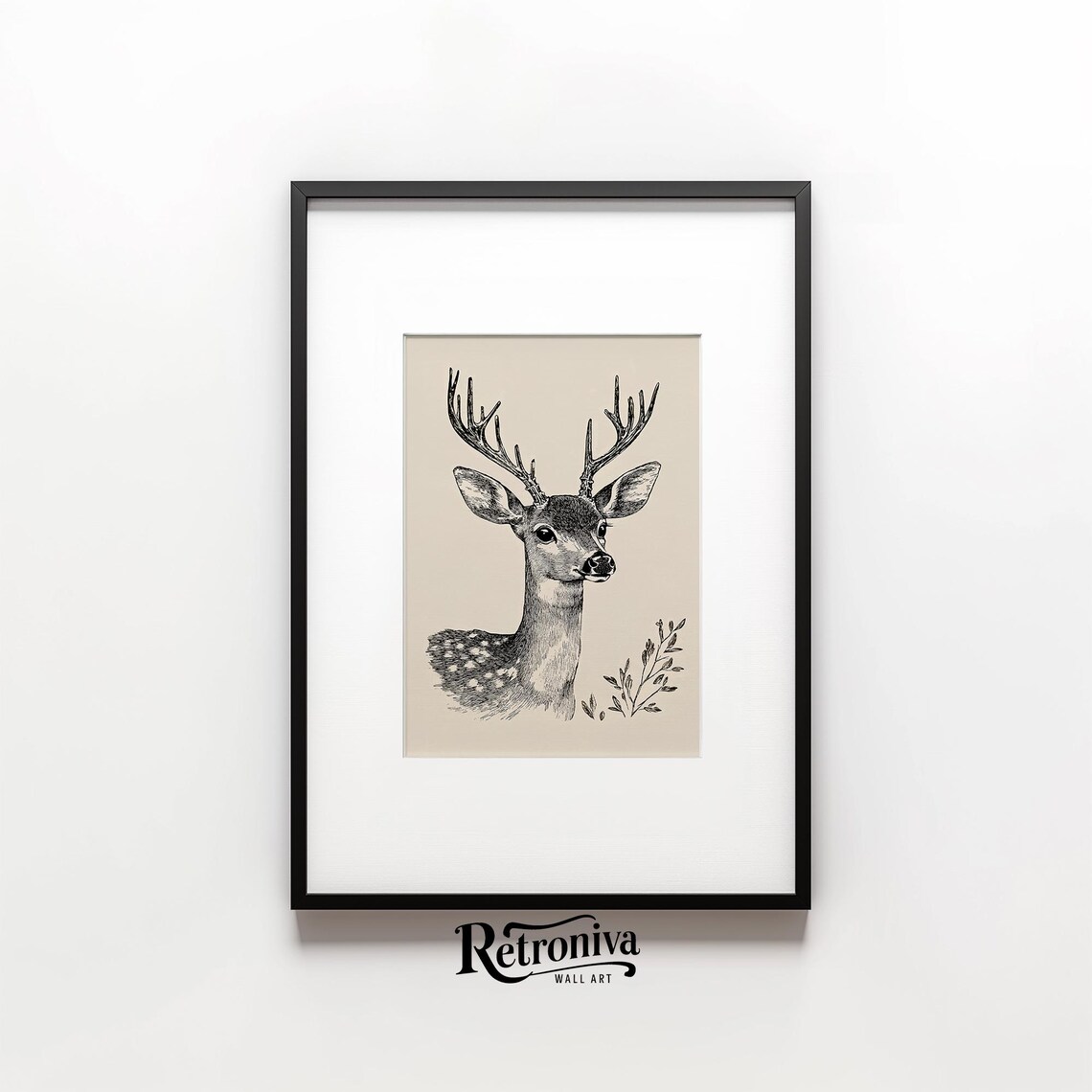 Antique Ink Drawing Of A Stag With Antlers On Cream Paper Poster - Image 6