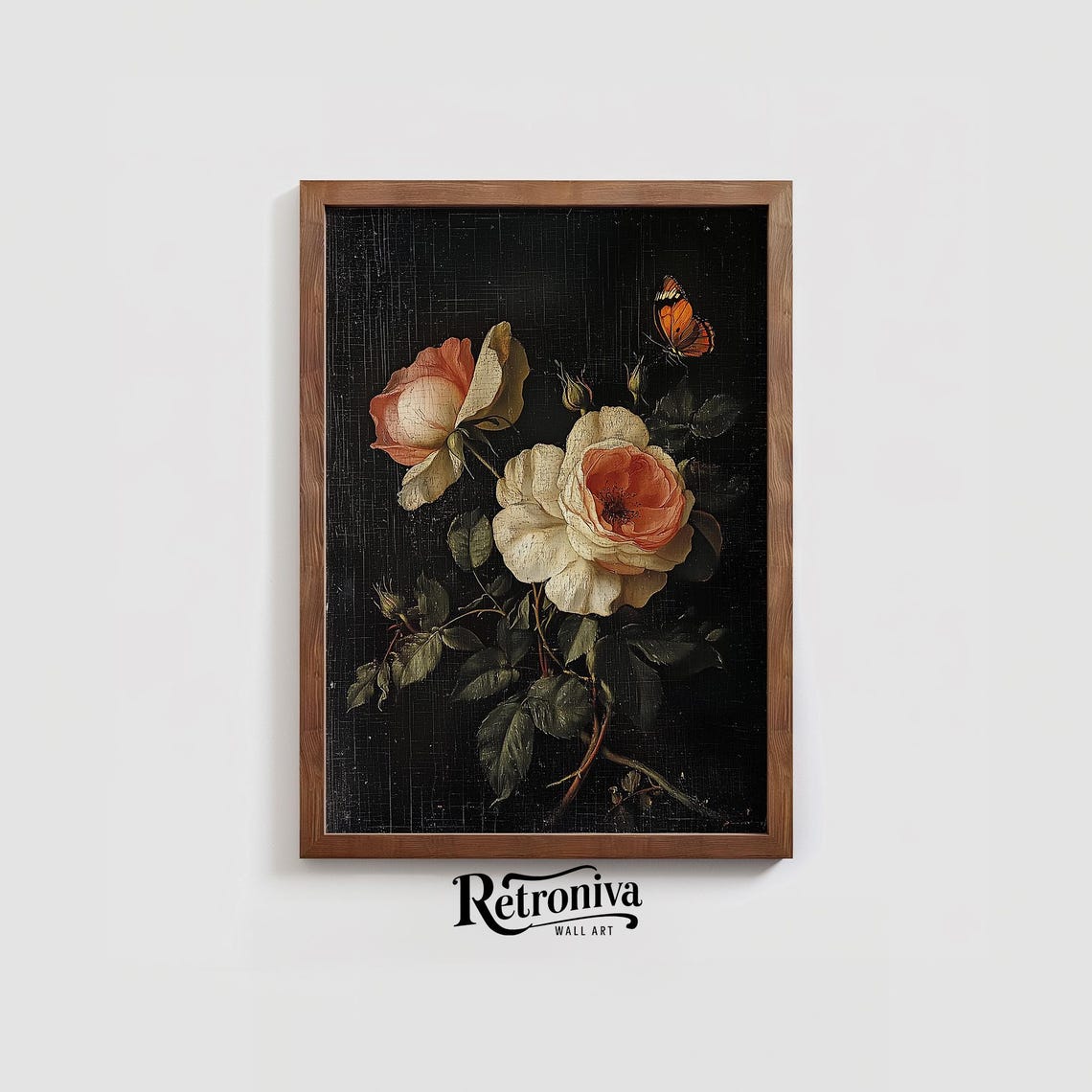 Roses With Butterfly Dark Floral Vintage Botanical Black Art Poster - Image 3