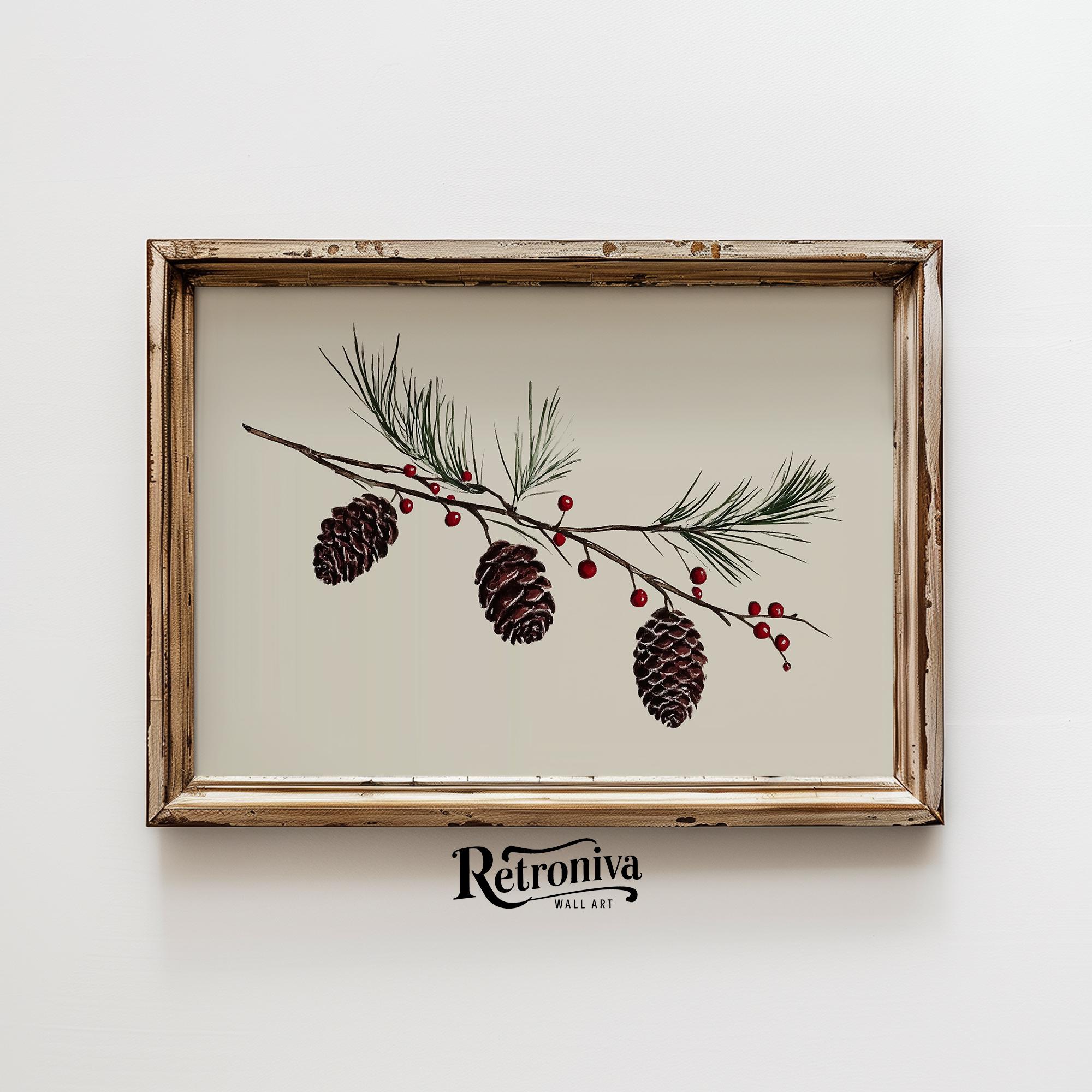 Pinecones And Red Berries Branch Vintage Winter Botanical Print - Image 4