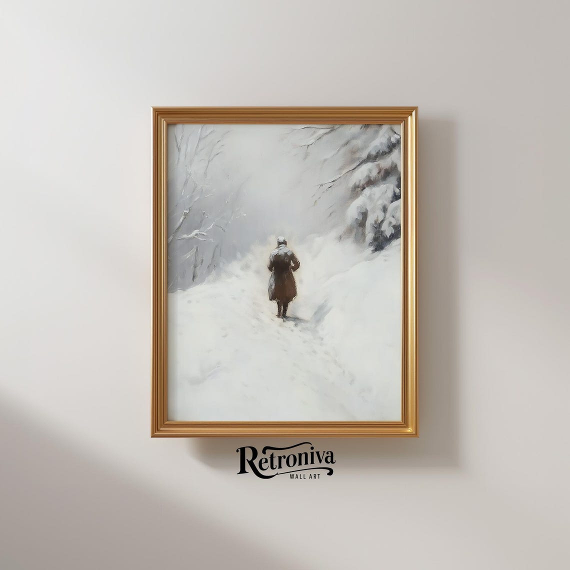 Lone Man Walking on Snowy Path White Winter Vintage Painting Poster - Image 2