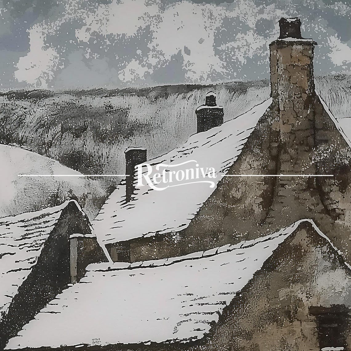 Rustic Snowy Stone Village With Chimneys Vintage Winter Poster - Image 7