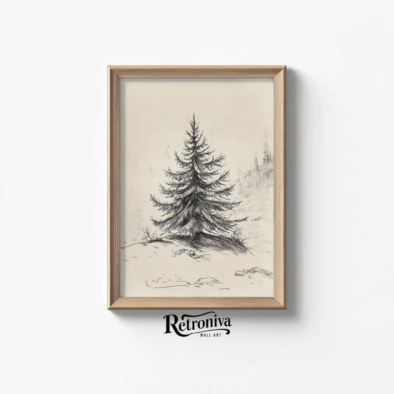Vintage Evergreen Tree Sketch, Farmhouse Wall Decor