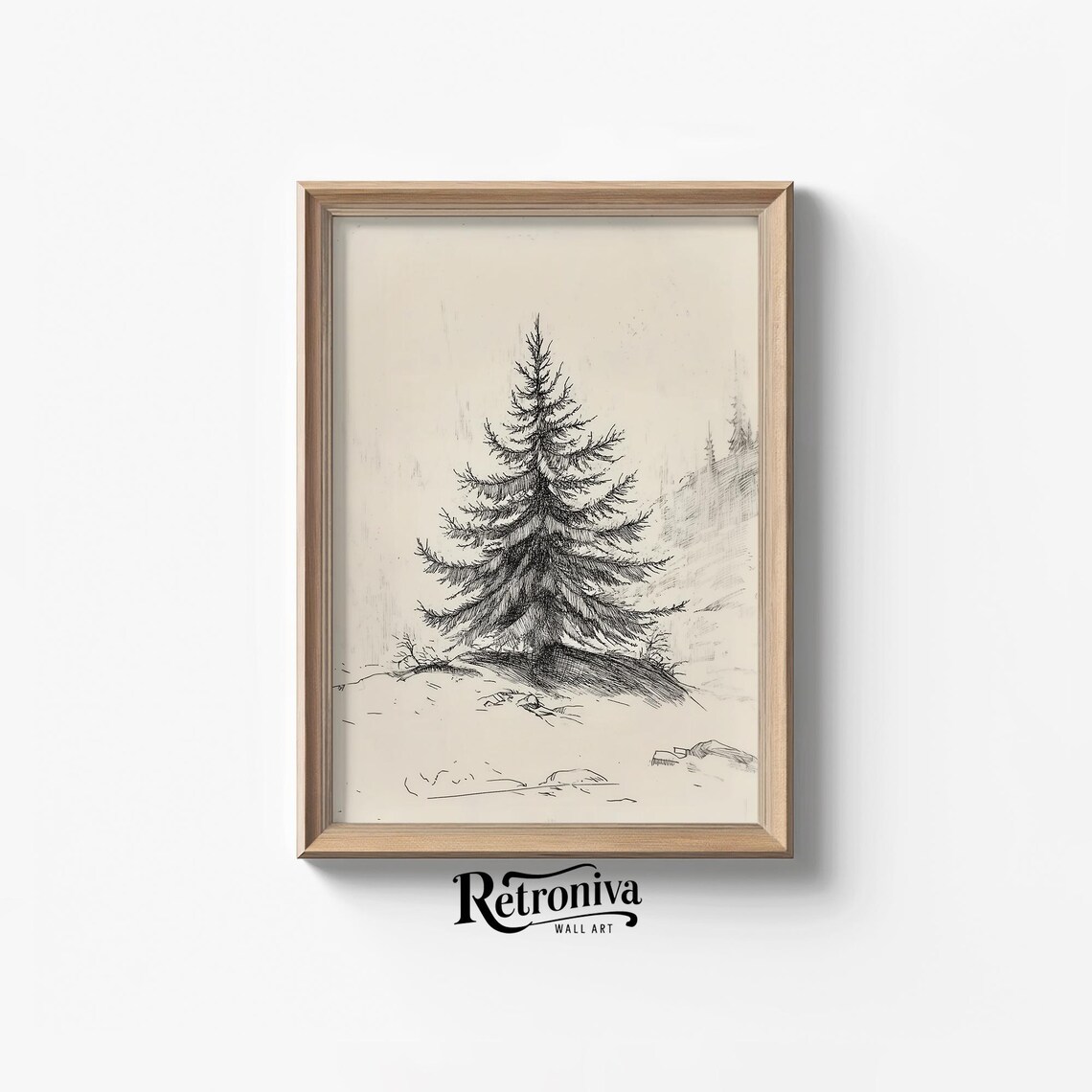 Vintage Evergreen Tree Sketch, Farmhouse Wall Decor