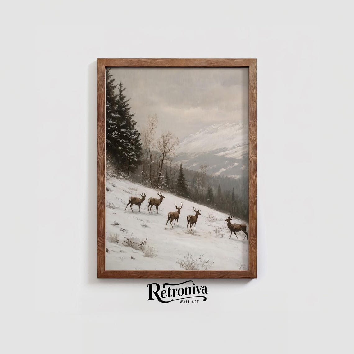 Deer Crossing Snowy Mountain Vintage Winter Wildlife Herd Poster - Image 4