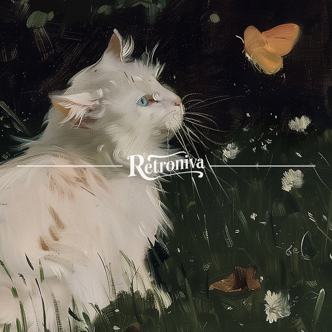 White Cat Watching Butterfly in Dark Garden Moody Feline Poster - Image 7