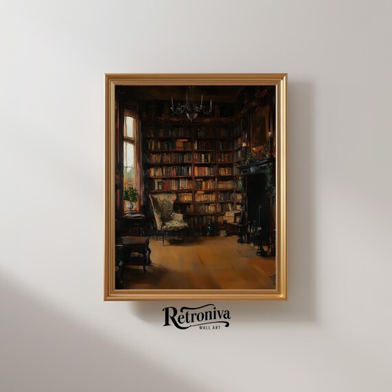 Moody Dark Library Bookshelves Armchair Dark Academia Vintage Room Poster