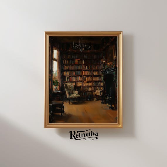 Moody Library Scene Vintage Oil Painting Darkl Academia Wall Decor Antique Victorian Art Print Retroniva Art Lnd 009