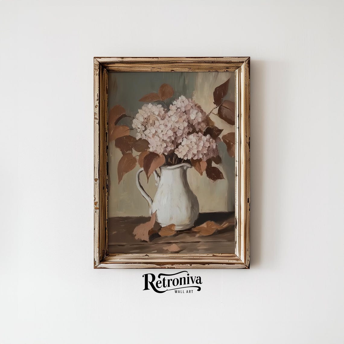 Pink Hydrangea in White Pitcher Moody Vintage Flower Painting Poster - Image 6