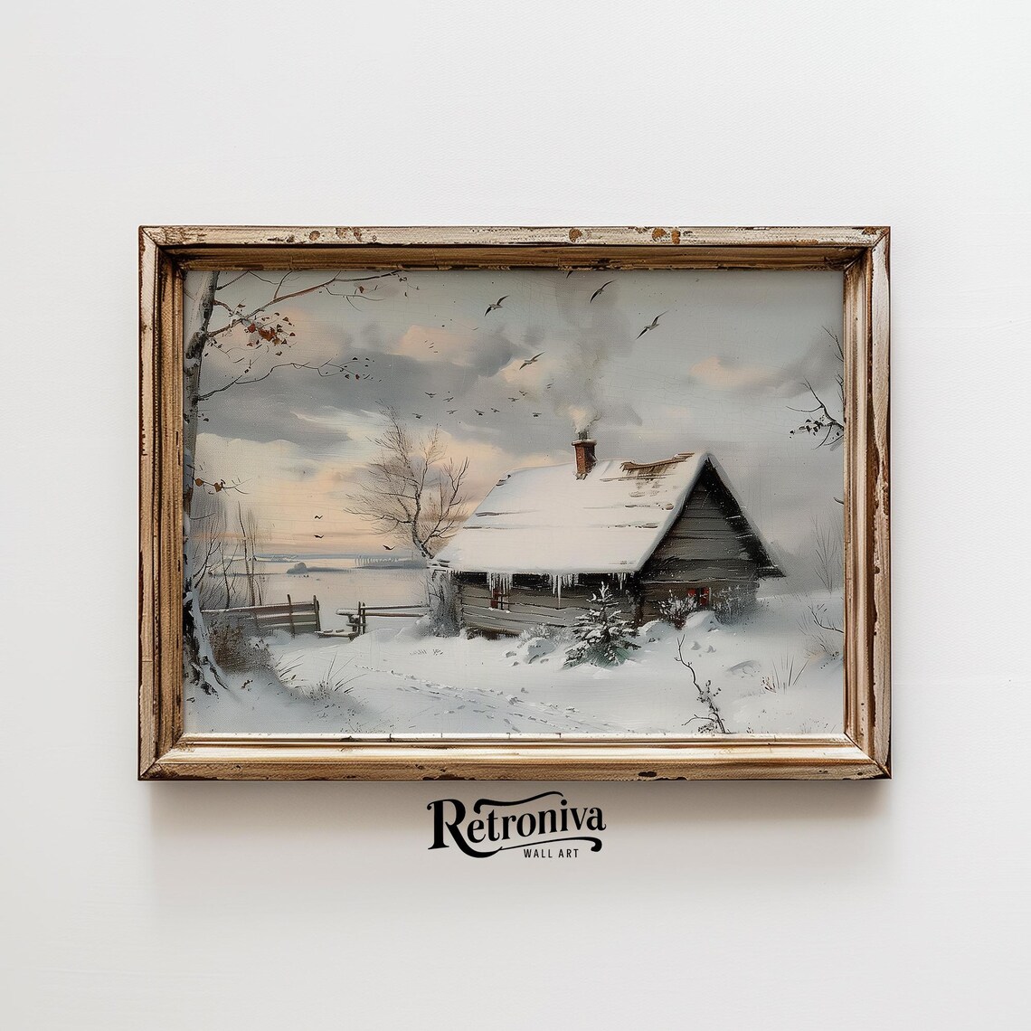 Snowy Log Cabin With Smoking Chimney By A Frozen Lake Poster - Image 6