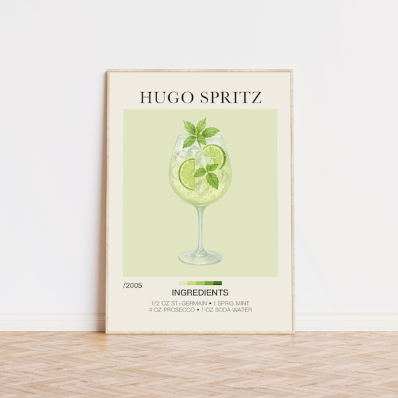 Hugo Spritz Cocktail Recipe Watercolor Bar Cart Kitchen Poster