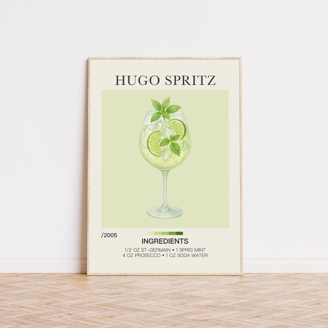 Hugo Spritz Cocktail Recipe Watercolor Bar Cart Kitchen Poster