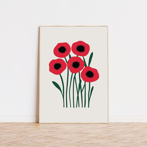 Five Red Poppies Bouquet Bold Modern Floral Botanical Art Print