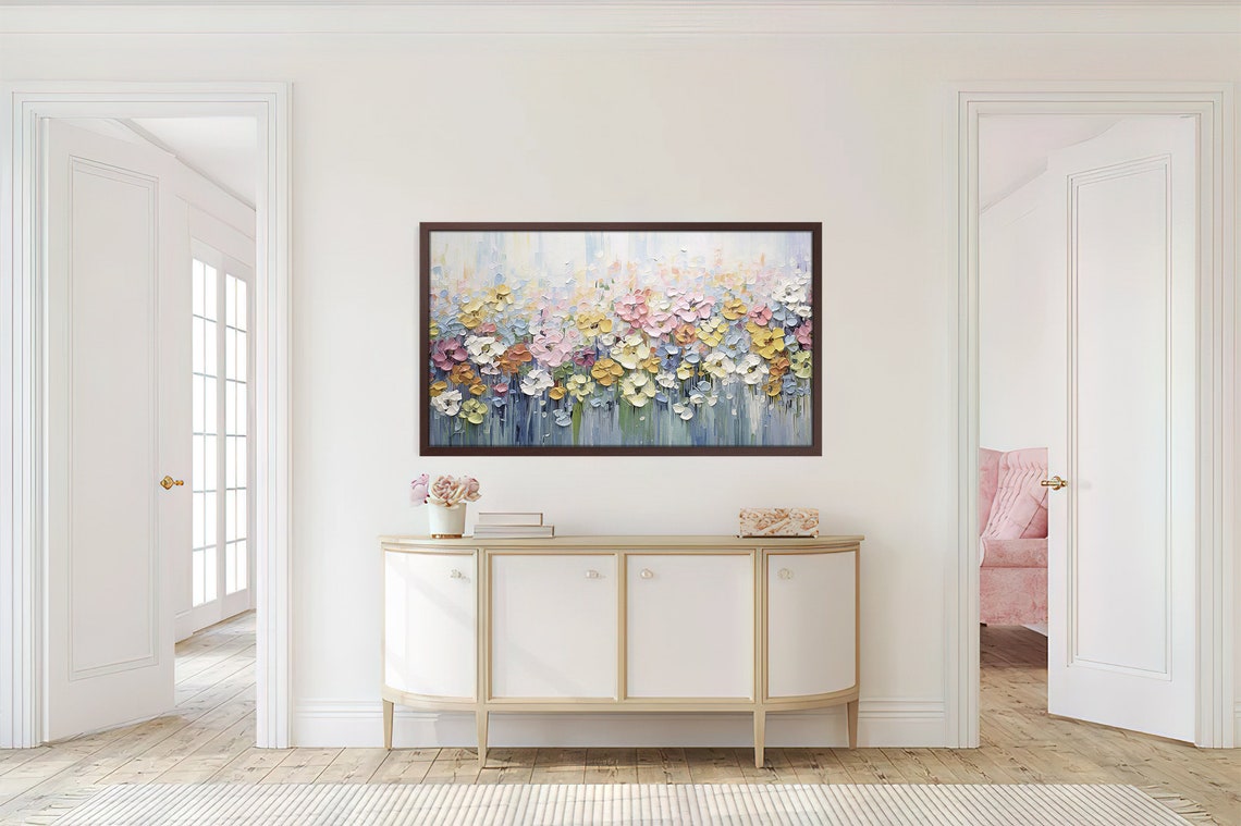 Pastel Flower Field Impasto Pink Yellow Blue Blossom Garden Art Print - Image 2