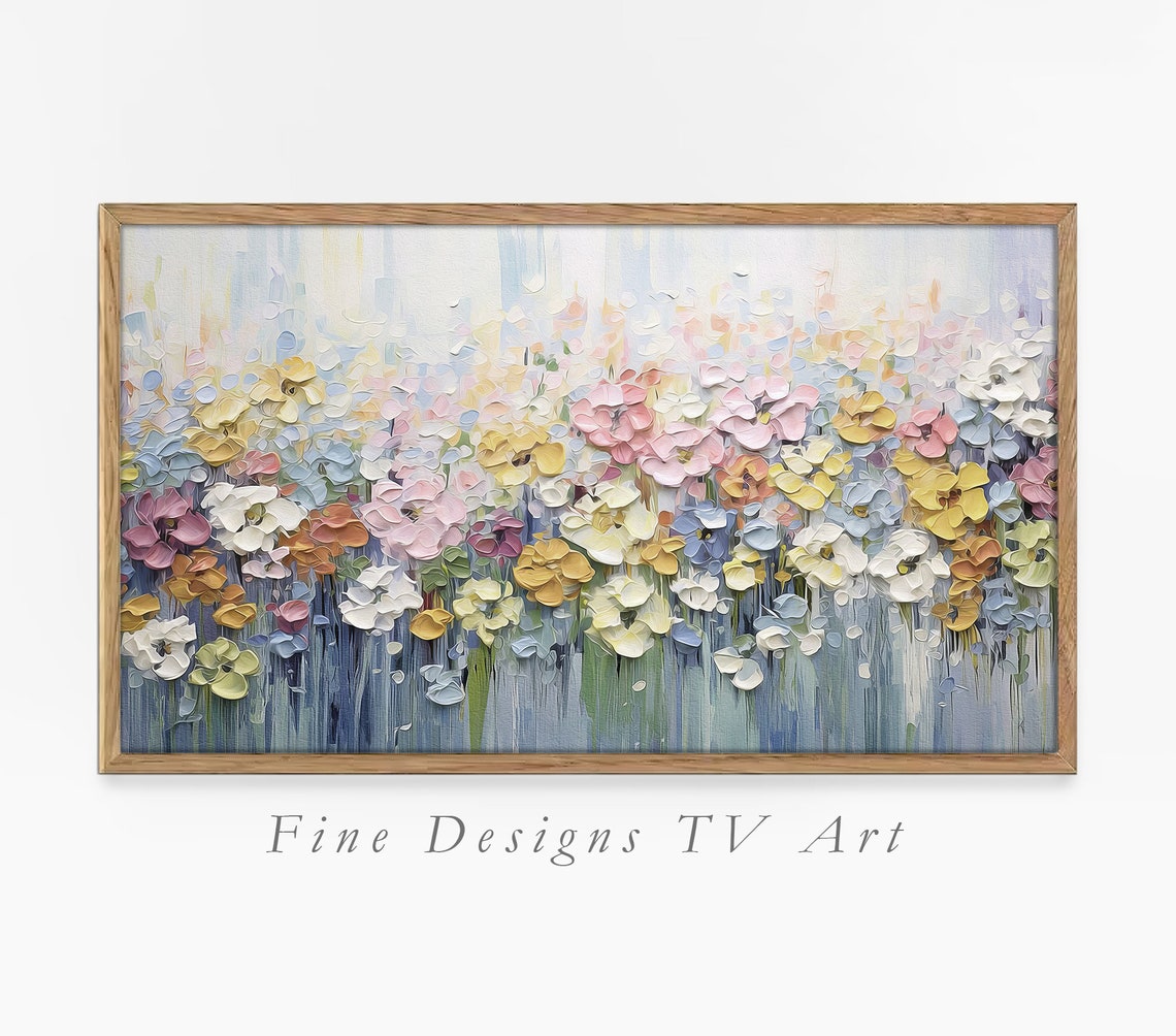 Pastel Flower Field Impasto Pink Yellow Blue Blossom Garden Art Print