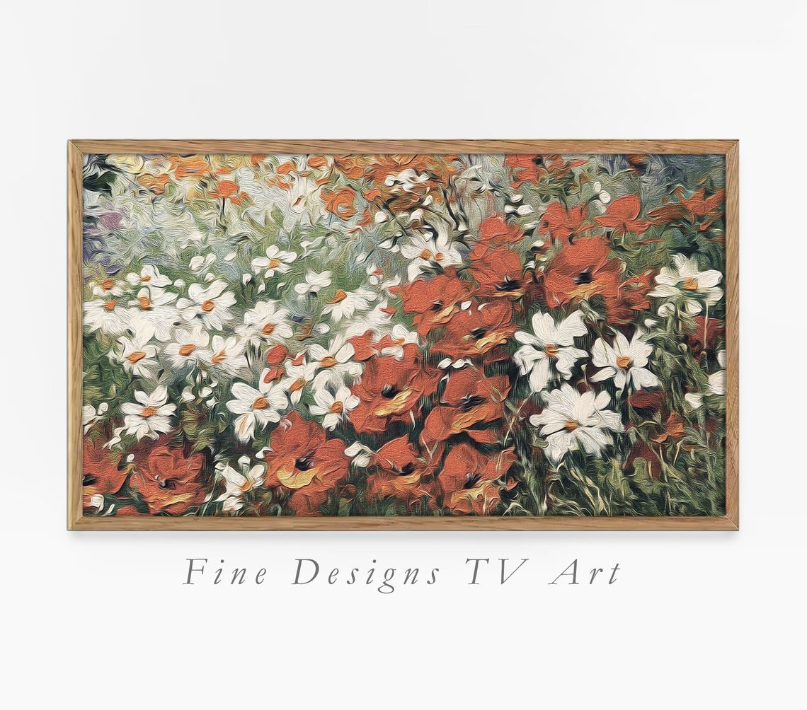 Vibrant Red White Flower Meadow Poppy Daisy Bold Garden Art Poster