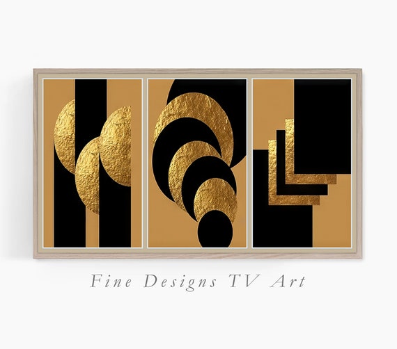 Frame Tv Art Black And Gold Geometric Shapes 3 Panel Gallery Wall