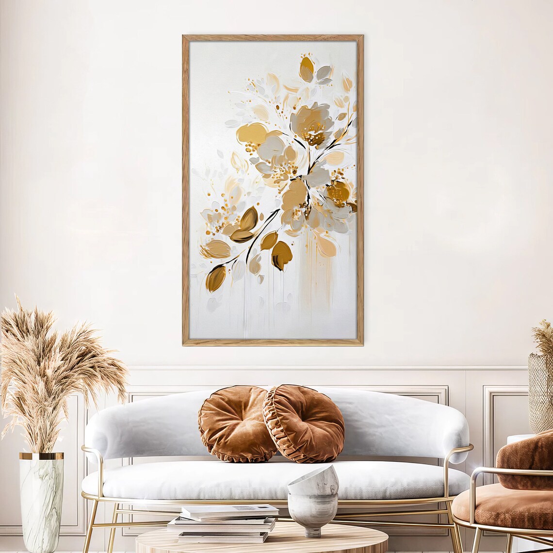 Gold White Abstract Floral Branch Vertical Elegant Neutral Art Print - Image 3