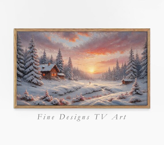 Frame Tv Art Schristmas Romantic Winter Sunset Rustic Cabin Painting Snow Landscape Art Snowy Forest