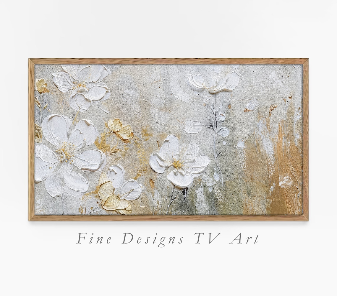 White Blossoms Gold Accents Gray Textured Abstract Floral Art Print