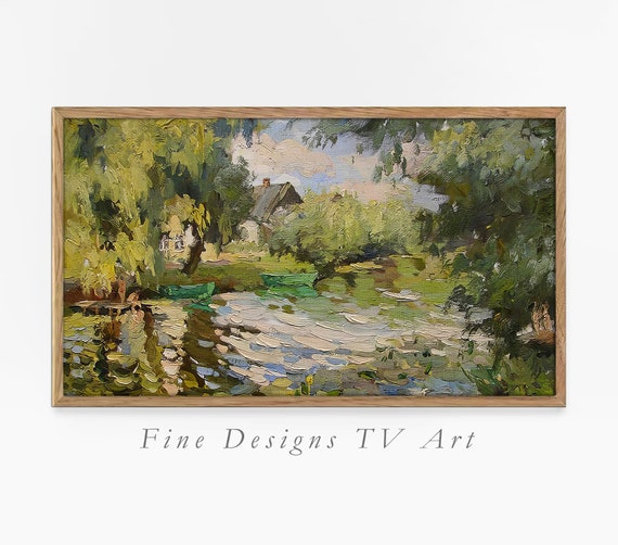 Frame Tv Art Calm River Scenery Lush Landscape Oil Painting Impressionist Tv Frame Home Decor