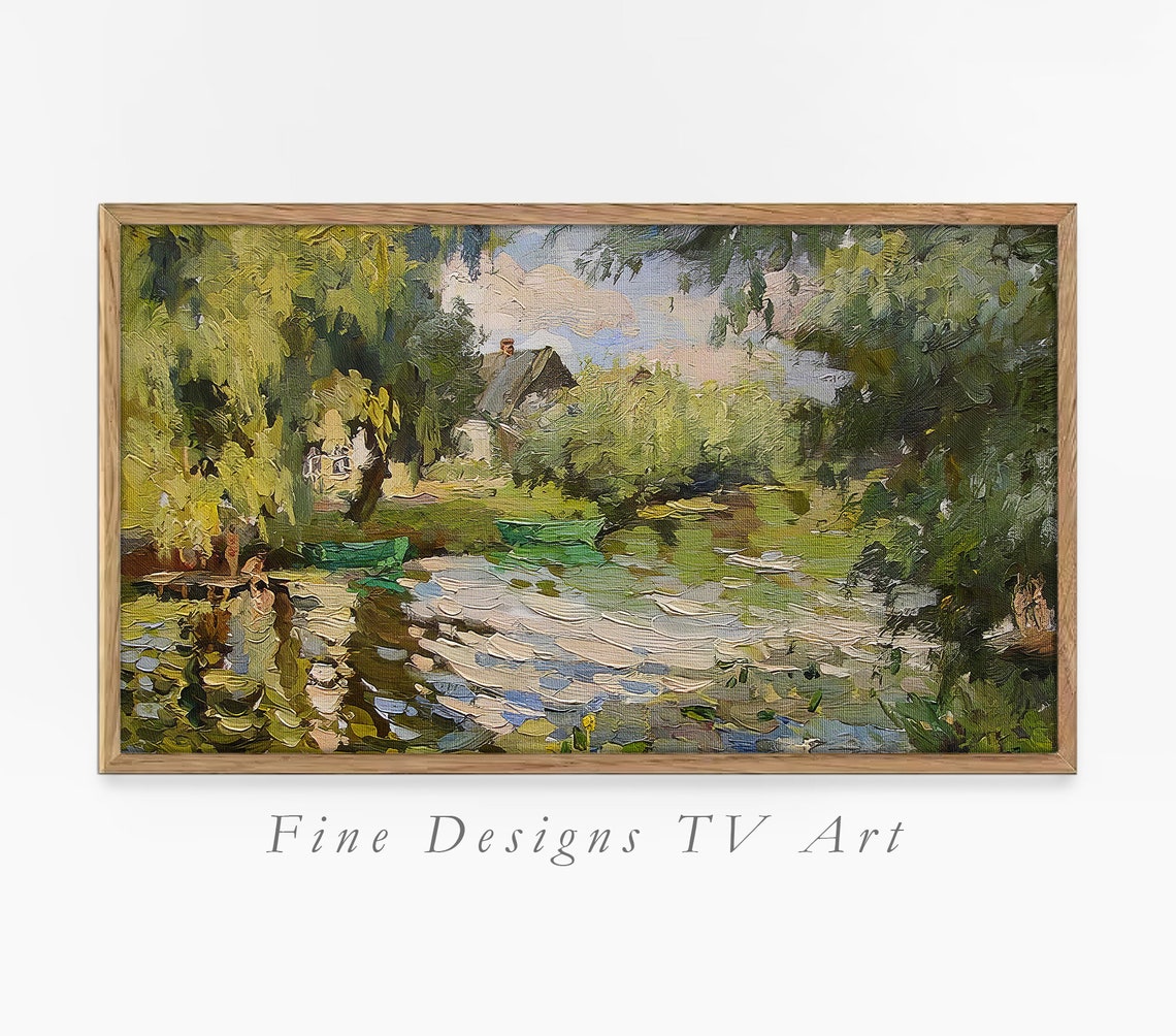 Frame Tv Art Calm River Scenery Lush Landscape Oil Painting Impressionist Tv Frame Home Decor