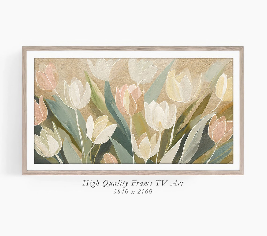 Blush Cream Tulips Sage Green Gold Background Elegant Floral Art Print - Image 3