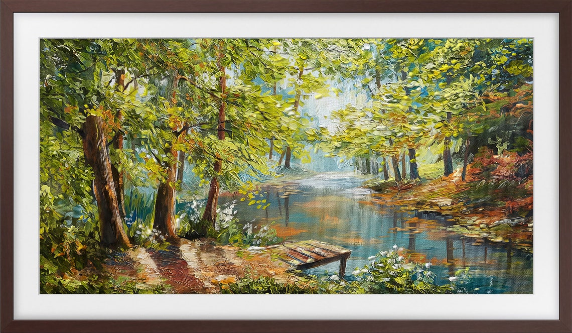 Lush Green Forest River Wooden Dock Sunlight Oil Painting Wall Art - Image 3