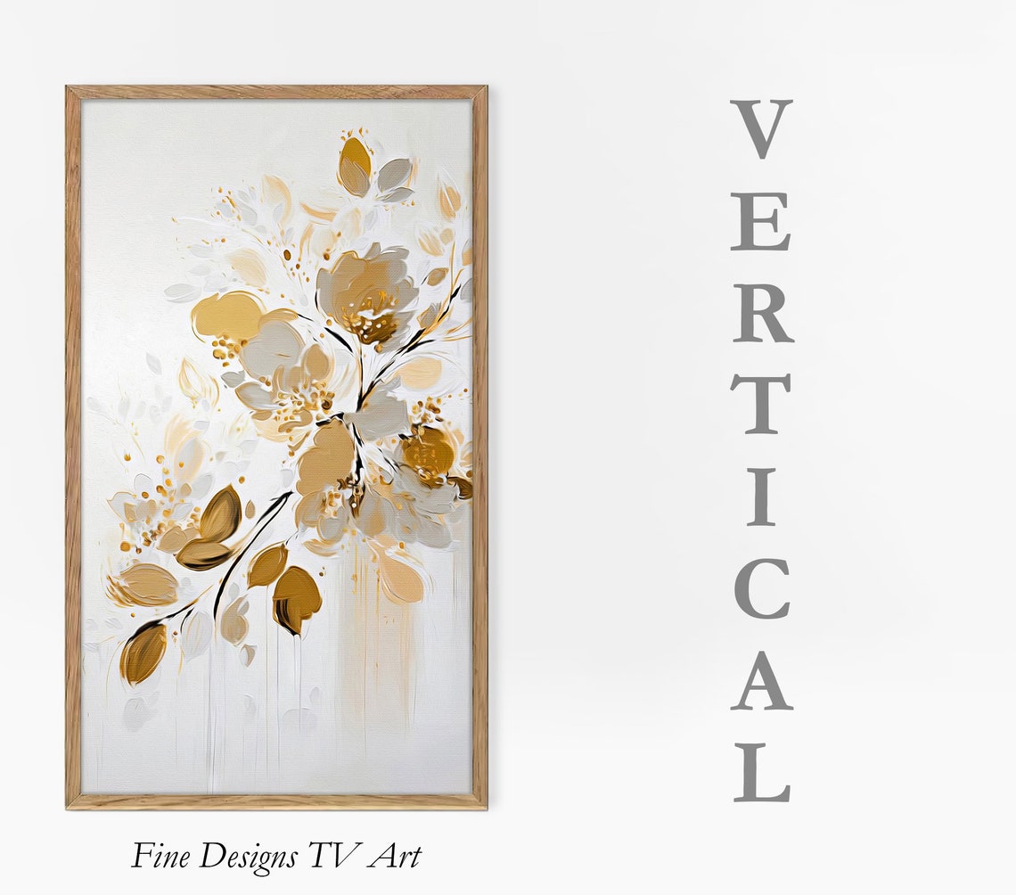 Gold White Abstract Floral Branch Vertical Elegant Neutral Art Print
