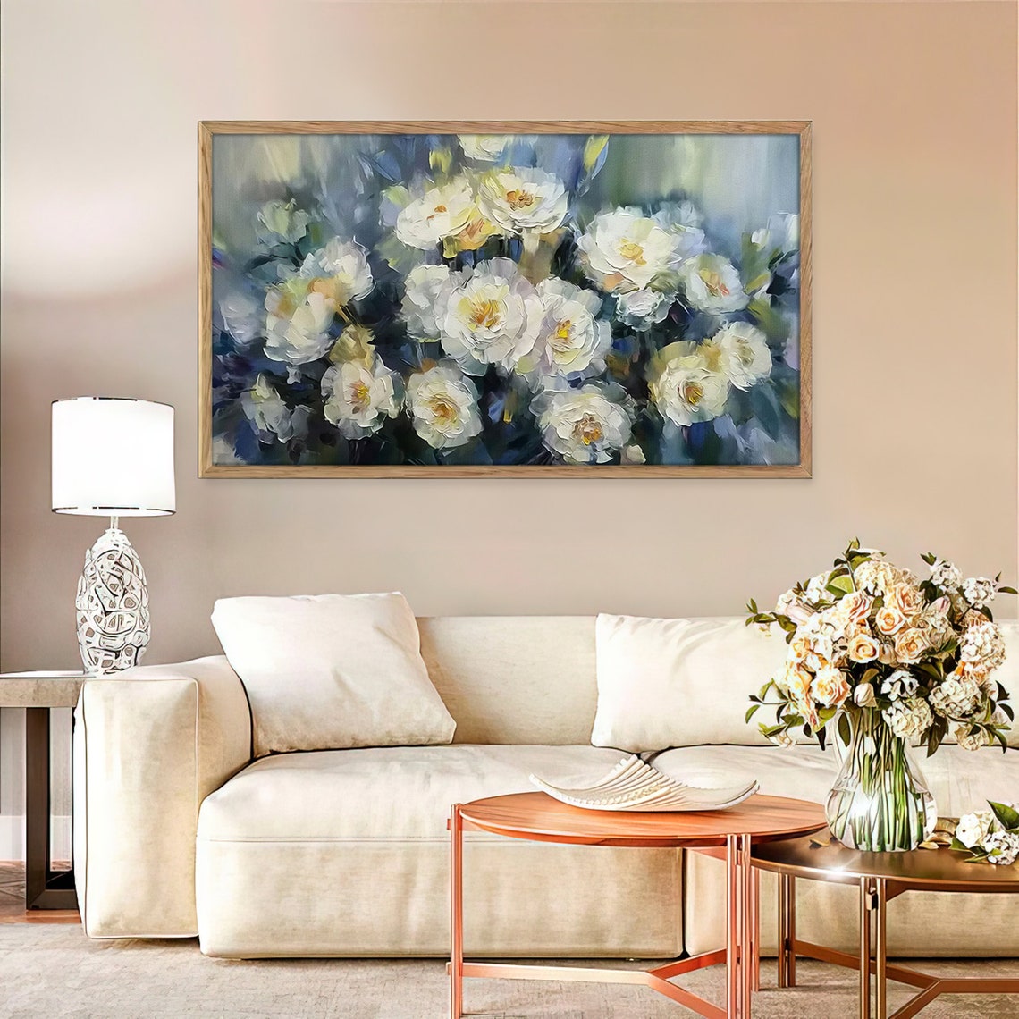 White Peony Textured Bouquet Blue Green Elegant Spring Art Poster - Image 2