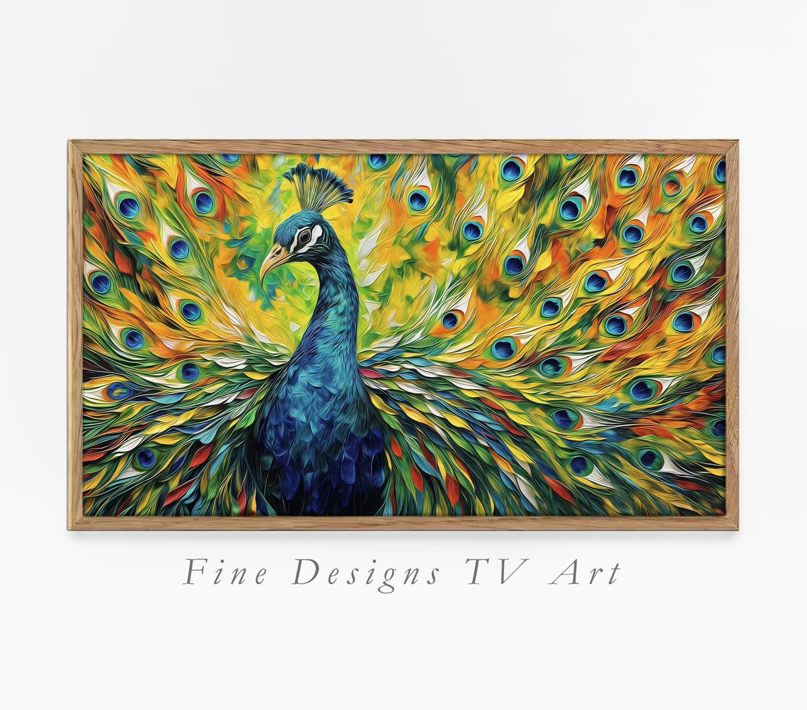 Vibrant Peacock Spread Tail Feathers Impasto Oil Wildlife Wall Art