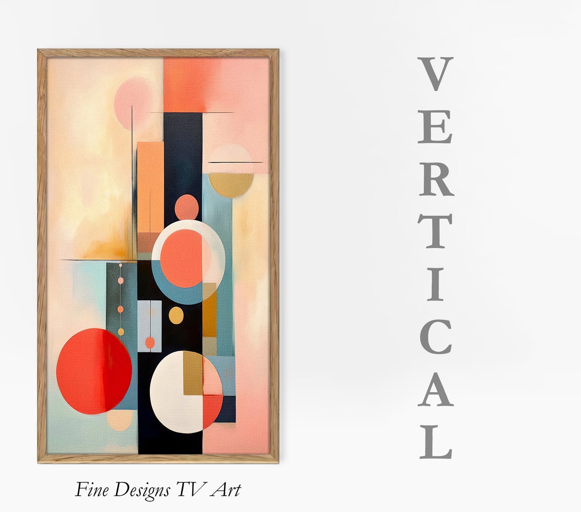 Vertical Mid Century Geometric Circles Rectangles Coral Navy Art Print