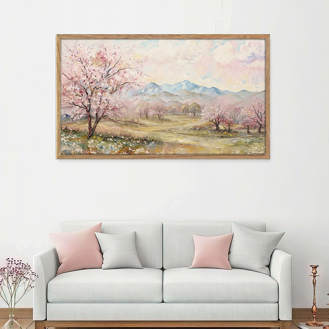 Cherry Blossom Spring Valley Mountains Pastel Pink Landscape Wall Art - Image 4