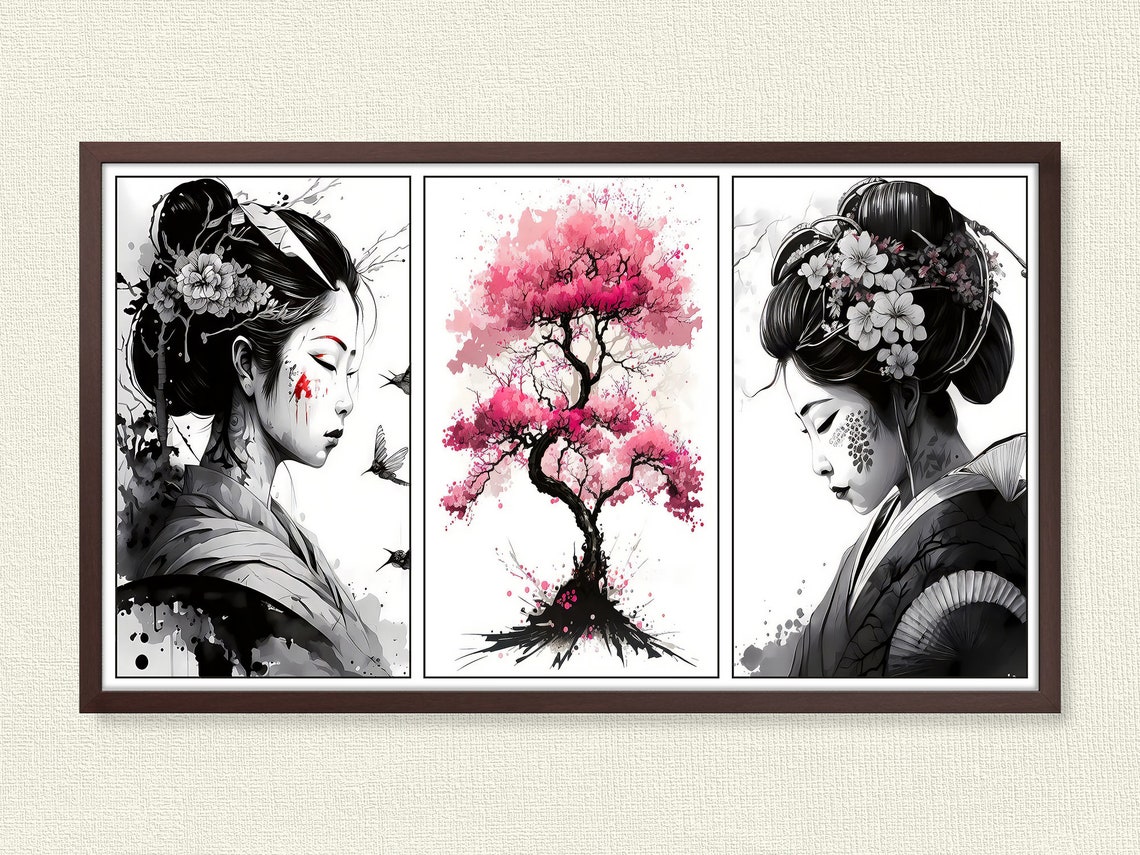 Japanese Geisha Cherry Blossom Triptych Black White Pink Art Poster - Image 3