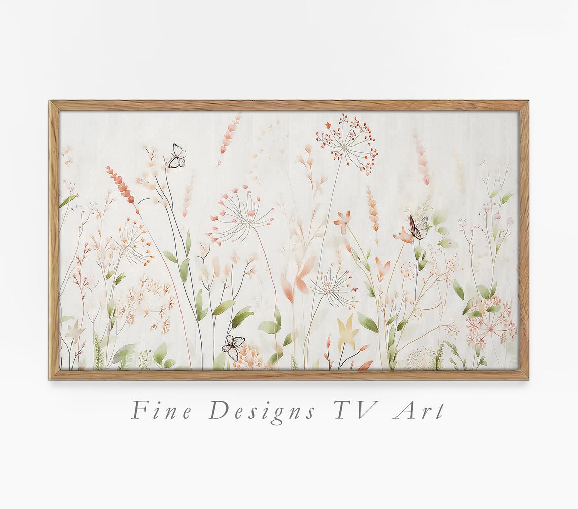 Beige Wildflower Meadow Butterflies Minimal Spring Art Print