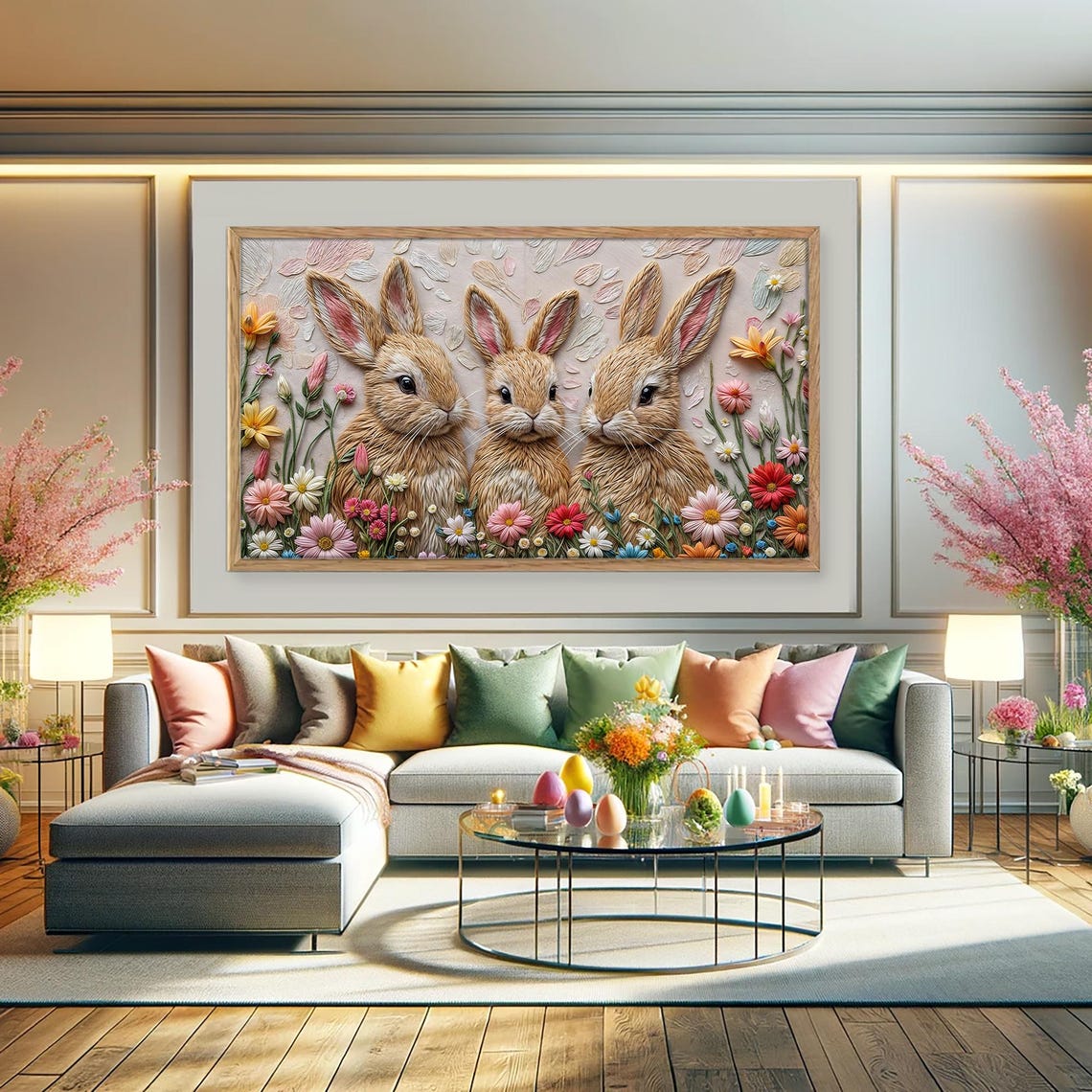 Three Bunnies Flower Field Textured Spring Rabbit Trio Art Print - Image 2