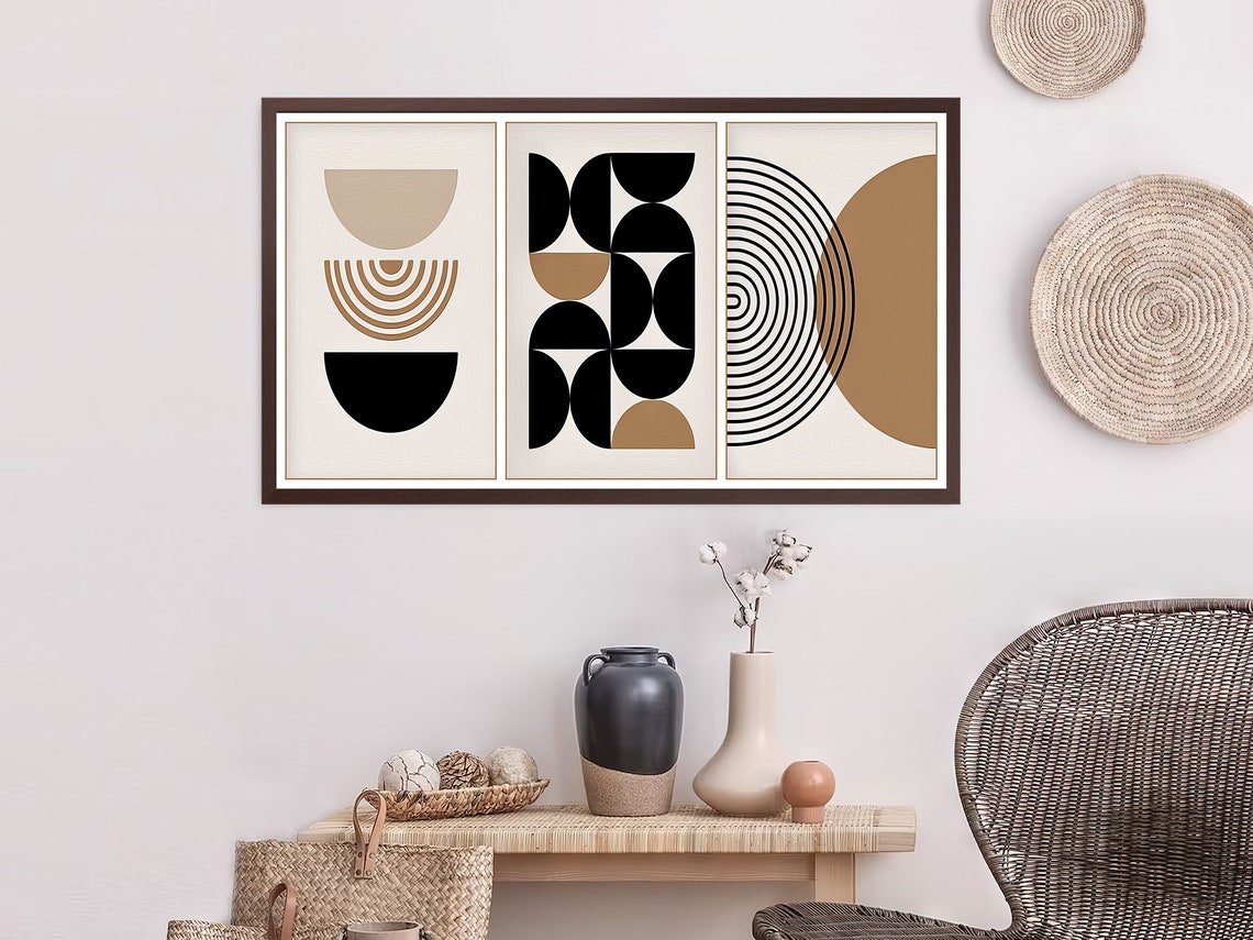Boho Geometric Half Circle Black Tan 3 Panel Mid Century Art Poster - Image 2
