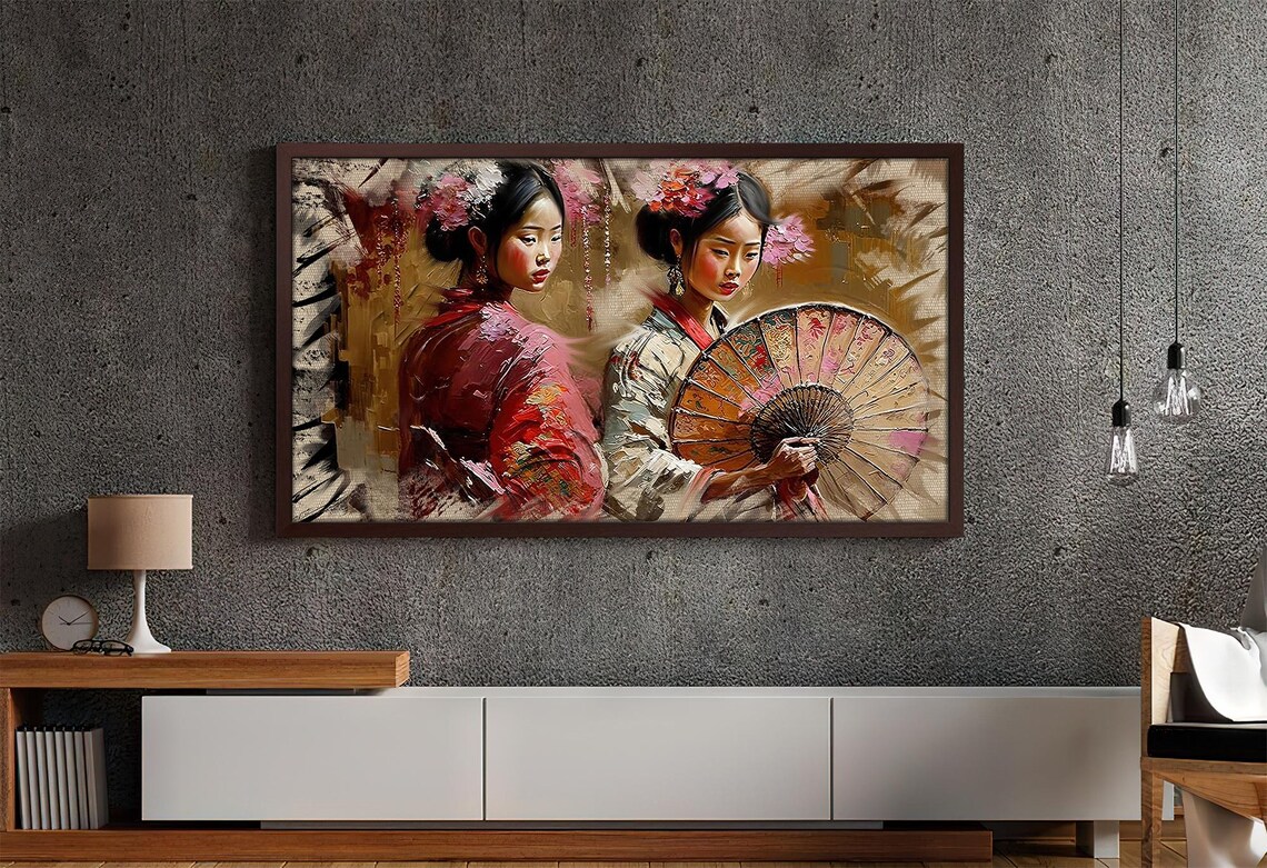 Japanese Geisha Portrait Fan Cherry Blossom Rich Impasto Oil Art Print - Image 4